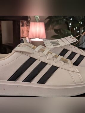 adidas White Sneakers with Dark Navy Blue Three-Stripes